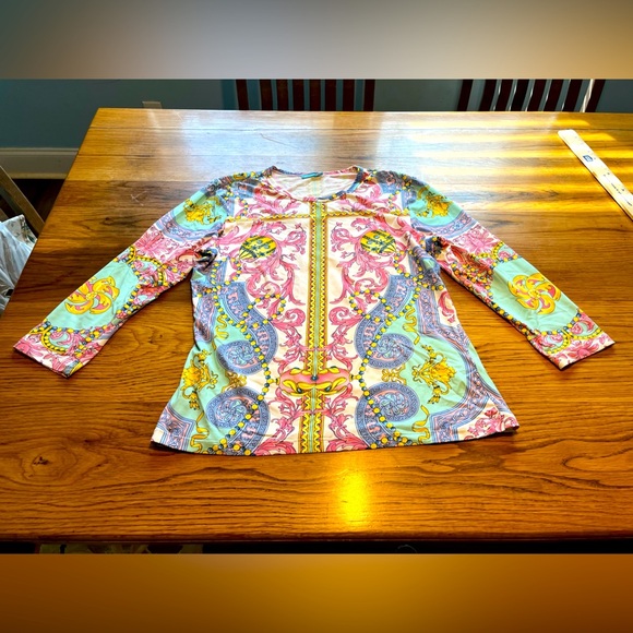 J. McLaughlin Pink and Blue Patterned Blouse 3/4 sleeves size Medium - Picture 2 of 8